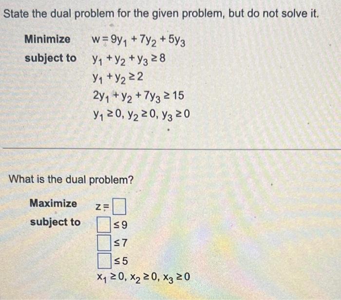 Solved State the dual problem for the given problem, but do | Chegg.com