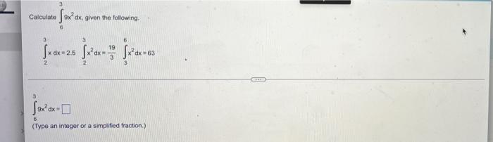 Calculate
fax ax
dx, given the following.
ja juz jaun
(2.5
S?x²ax-
6
(Type an integer or a simplified fraction.)
CAD