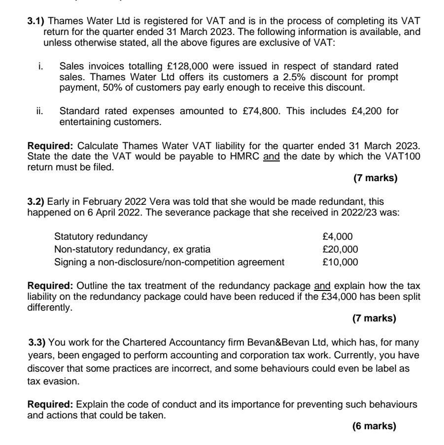 Solved 3.1) Thames Water Ltd is registered for VAT and is in | Chegg.com