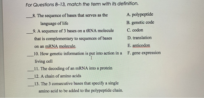 Solved For Questions 8-13, match the term with its | Chegg.com