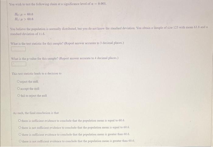 Solved You wish to test the following claim at a | Chegg.com