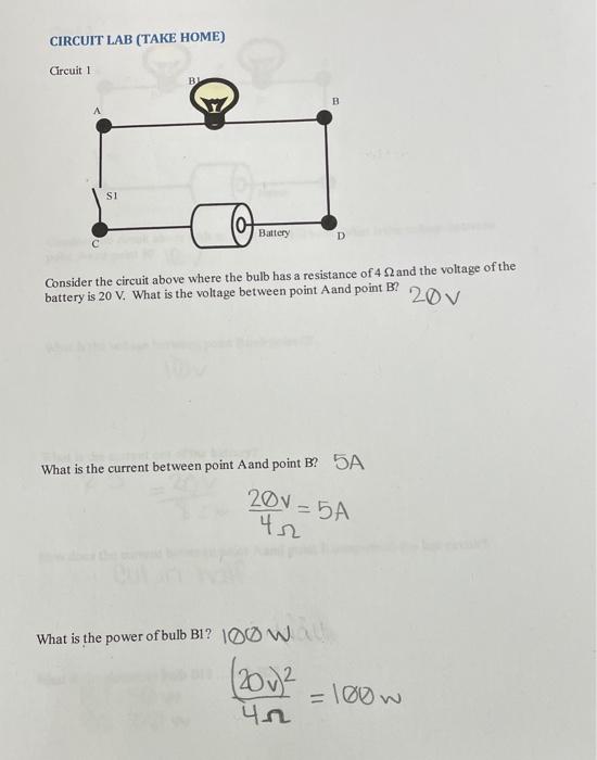 Solved CIRCUIT LAB (TAKE HOME) Circuit 1 BL B SI Battery D | Chegg.com