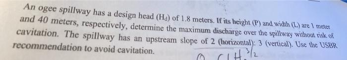 Solved An ogee spillway has a design head (Ha) of 1.8 | Chegg.com