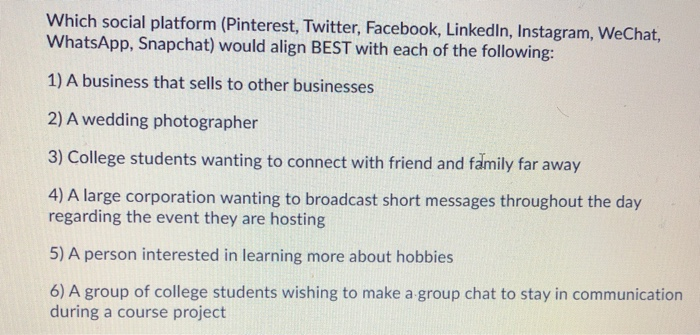 Solved Which social platform (Pinterest, Twitter, Facebook, | Chegg.com