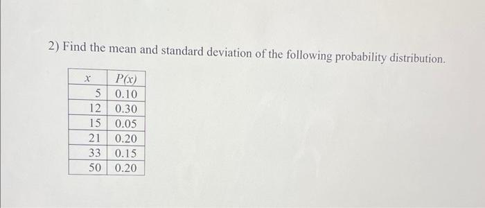 Solved 2) Find the mean and standard deviation of the | Chegg.com