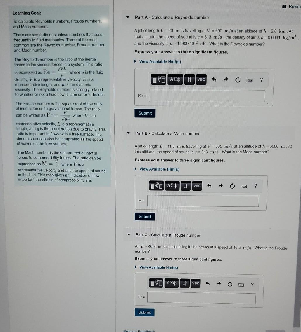 Solved Revier Part A - Calculate a Reynolds number Learning | Chegg.com