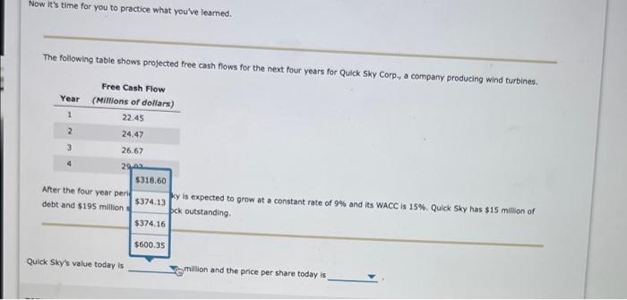 Solved The Following Table Shows Projected Free Cash Flows | Chegg.com