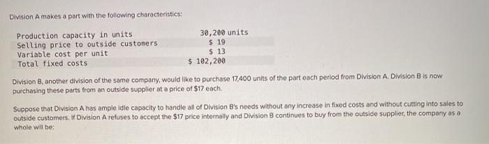 Solved Division A Makes A Part With The Following | Chegg.com