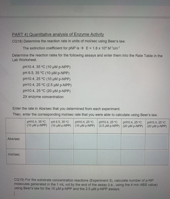 PART 4) Quantitative analysis of Enzyme Activity | Chegg.com