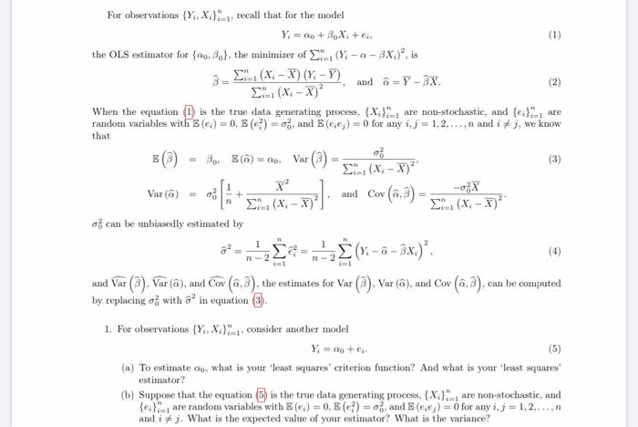 Solved For Observations Y X 1 Recall That For The Model Chegg Com