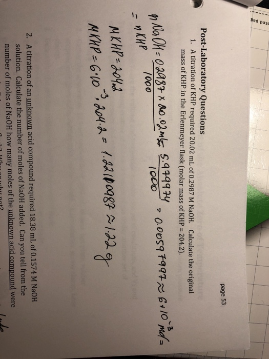 Solved Page 53 Post-Laboratory Questions 1. A Titration Of | Chegg.com