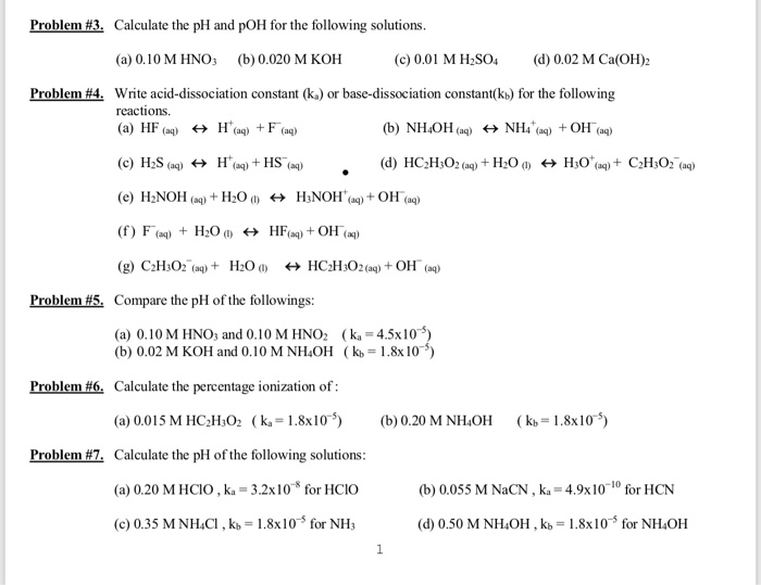 Solved Problem #3. Calculate the pH and pOH for the | Chegg.com