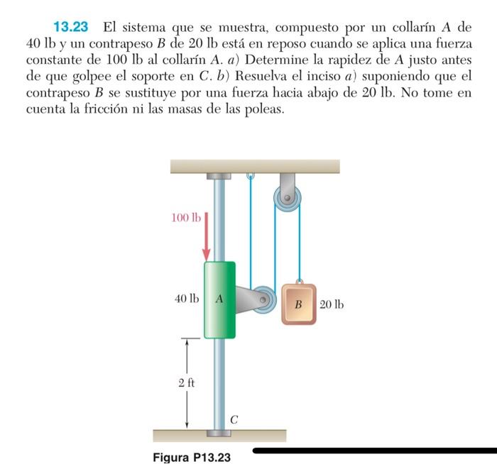 13.23 El sistema que se muestra, compuesto por un collarín \( A \) de \( 40 \mathrm{lb} \) y un contrapeso \( B \) de \( 20 \