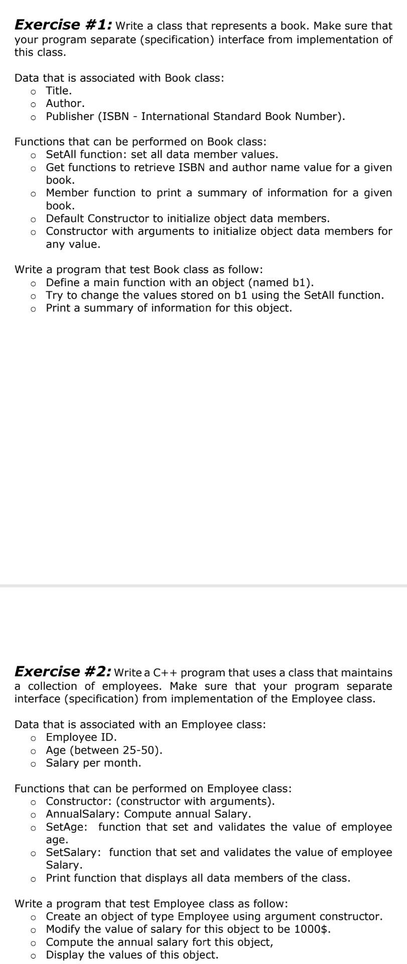 Solved Exercise #1: Write a class that represents a book. | Chegg.com