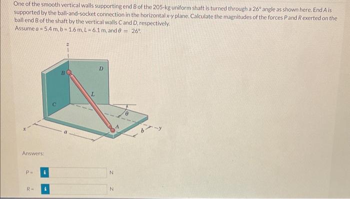 One of the smooth vertical walls supporting end B of the 205-kg uniform shaft is turned through a \( 26^{\circ} \) angle as s