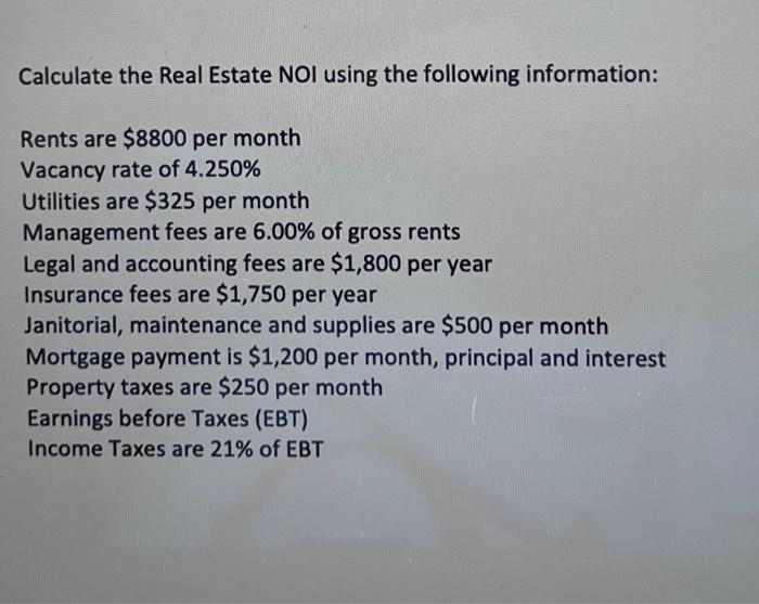 Solved Calculate the Real Estate NOI using the following