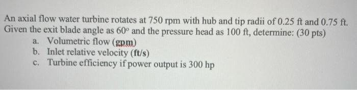 Solved An Axial Flow Water Turbine Rotates At 750 Rpm With 