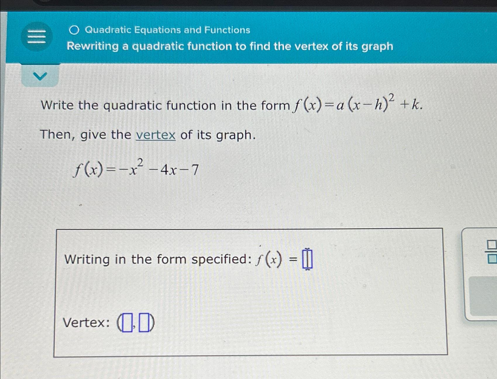 Solved Quadratic Equations And Functionsrewriting A 0020