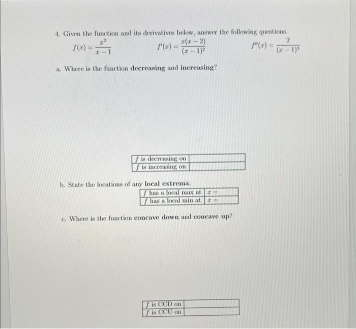 Solved 4. Given the function and its derivatives below, | Chegg.com