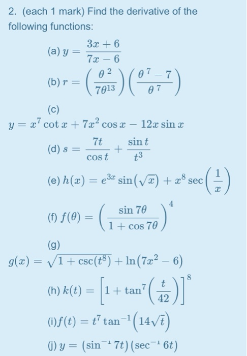 Solved 2. (each 1 mark) Find the derivative of the following | Chegg.com