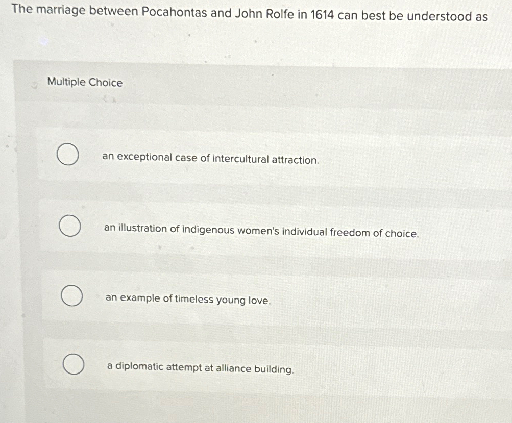 Solved The marriage between Pocahontas and John Rolfe in