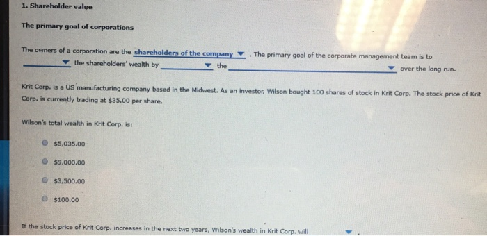 Solved 1. Shareholder value The primary goal of corporations | Chegg.com