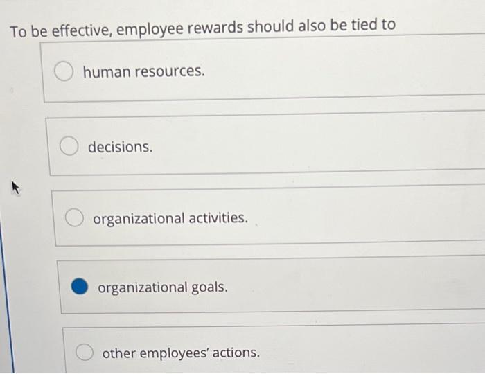To be effective, employee rewards should also be tied to
human resources.
decisions.
organizational activities.
organizationa