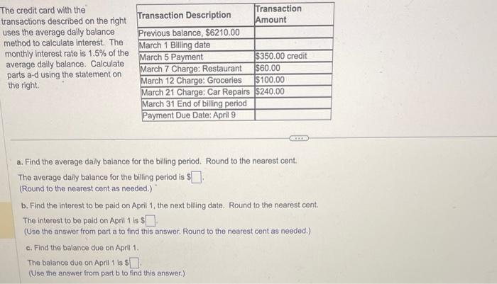 Solved The Credit Card With The Transactions Described On | Chegg.com