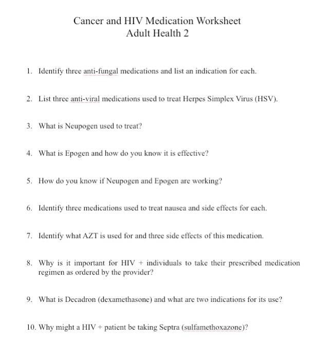 Cancer and HIV Medication Worksheet Adult Health 2 1. Identify three anti-fungal medications and list an indication for each.