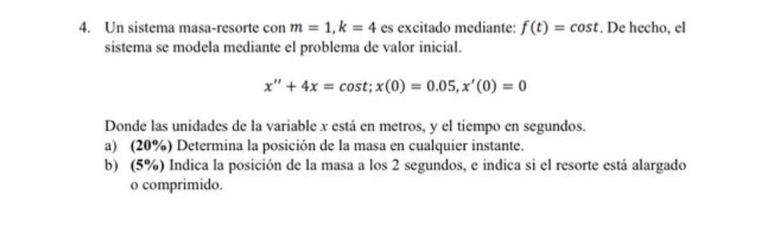 Un sistema masa-resorte con \( m=1, k=4 \) es excitado mediante: \( f(t)= \) cost. De hecho, el sistema se modela mediante el