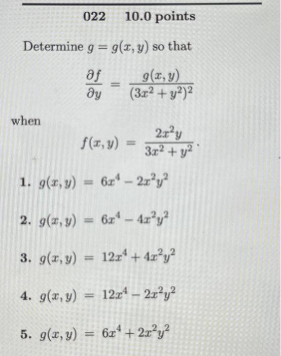 Determine \( g=g(x, y) \) so that \[ \frac{\partial f}{\partial y}=\frac{g(x, y)}{\left(3 x^{2}+y^{2}\right)^{2}} \] when \[