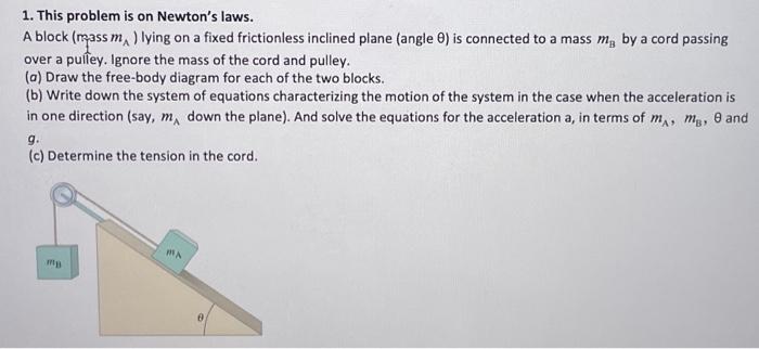 Solved 1. This problem is on Newton's laws. A block (mass mA | Chegg.com