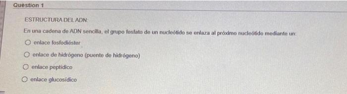 Question 1 ESTRUCTURA DEL ADN En una cadena de ADN sencillo, el grupo fosfato de un nucleótido se enlaza al próximo nucleótid