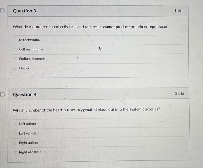 Solved D Question 3 1 pts What do mature red blood cells | Chegg.com