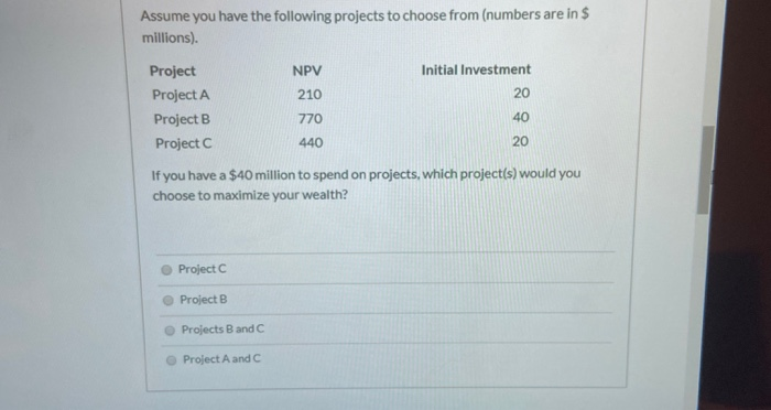 Solved Assume You Have The Following Projects To Choose From | Chegg.com