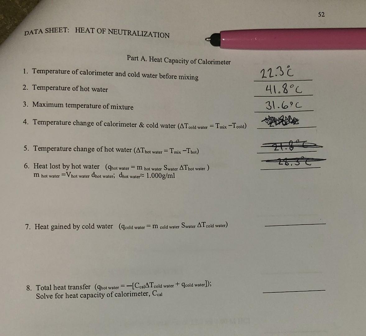 Solved 52 DATA SHEET: HEAT OF NEUTRALIZATION Part A. Heat | Chegg.com