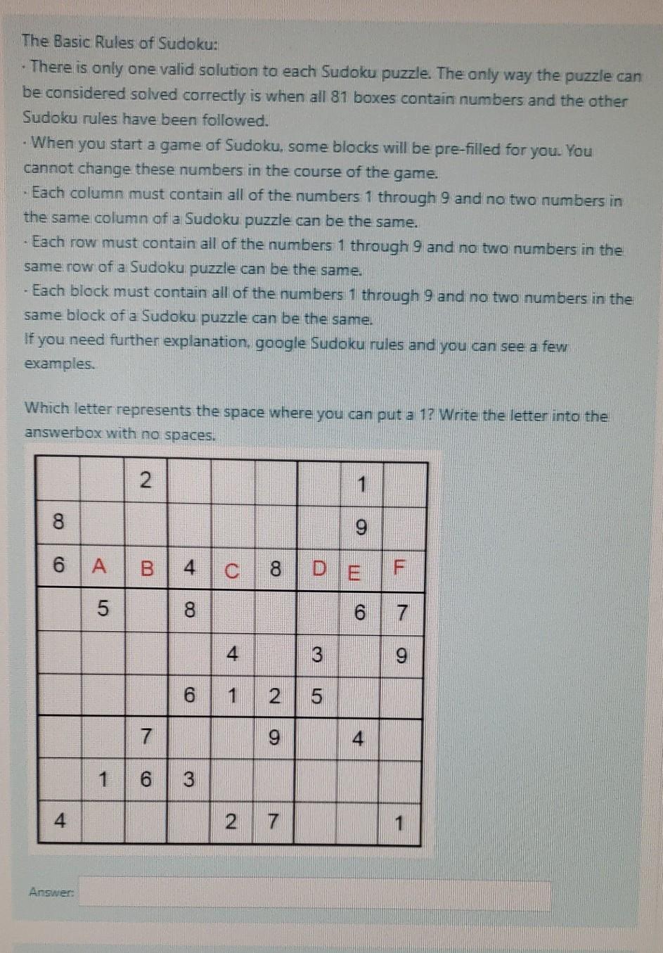 Solved The Basic Rules of Sudoku: • There is only one valid | Chegg.com
