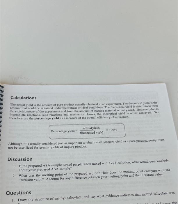 Solved Calculations The Actual Yield Is The Amount Of Pure | Chegg.com