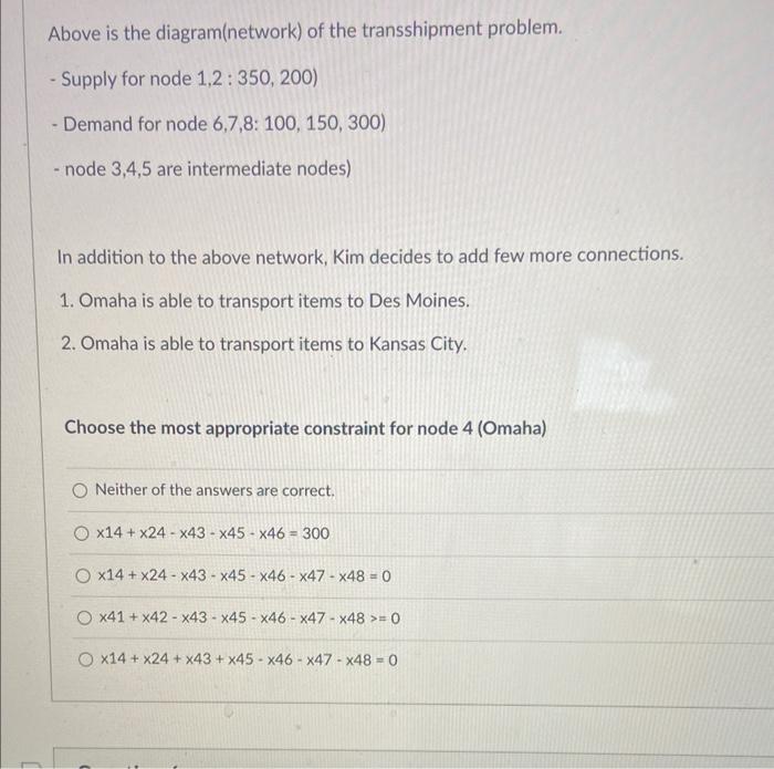 Solved Above Is The Diagram(network) Of The Transshipment | Chegg.com