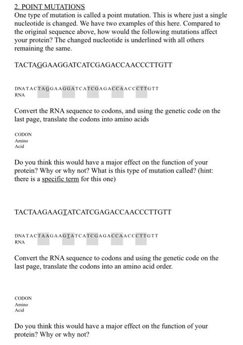 Solved 2 Point Mutations One Type Of Mutation Is Called Chegg Com