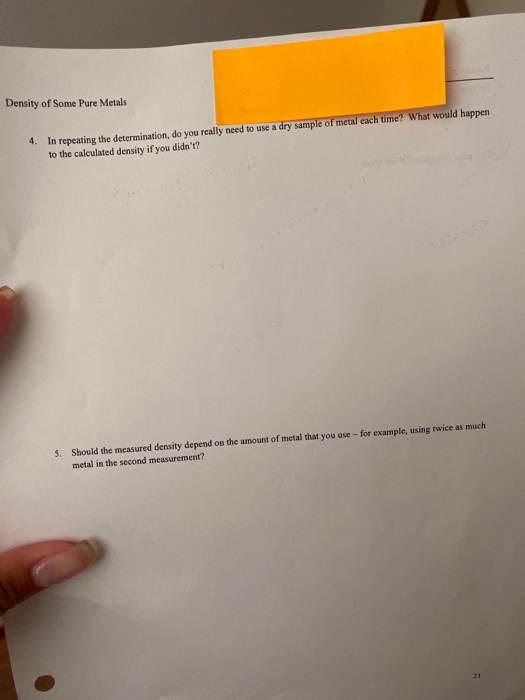 Solved Density of Some Pure Metals Postlab Questions 1.