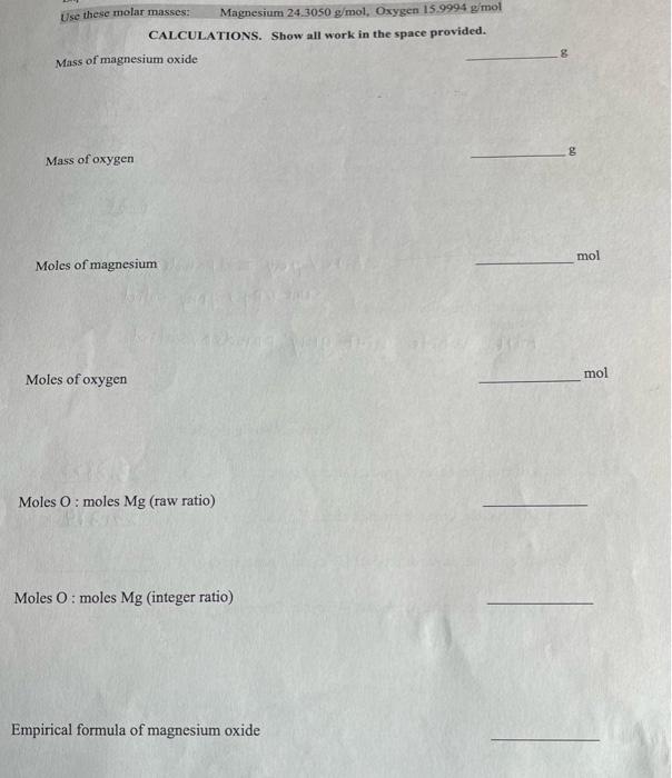 Solved Use these molar masses Magnesium 24.3050 g/mol,