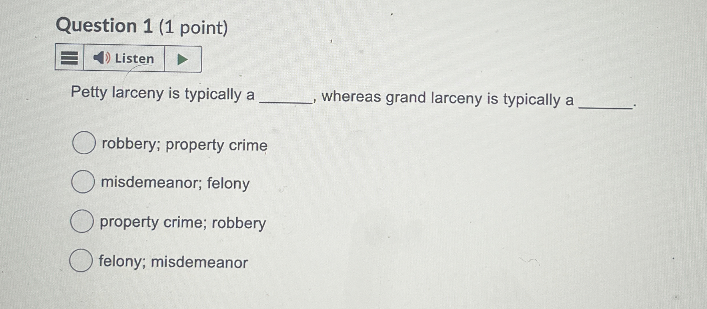Solved Question 1 (1 ﻿point)Petty larceny is typically a | Chegg.com
