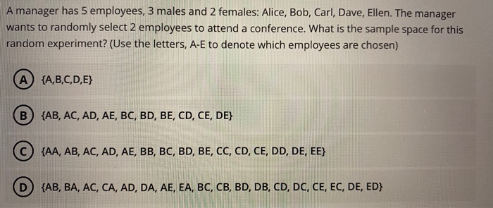 Solved A manager has 5 employees, 3 males and 2 females: | Chegg.com