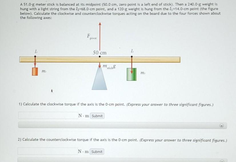 Solved A 51.0-g meter stick is balanced at its midpoint | Chegg.com
