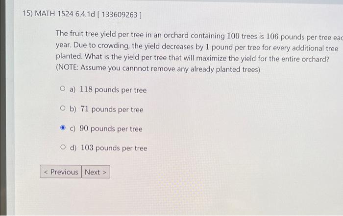 Solved The fruit tree yield per tree in an orchard | Chegg.com
