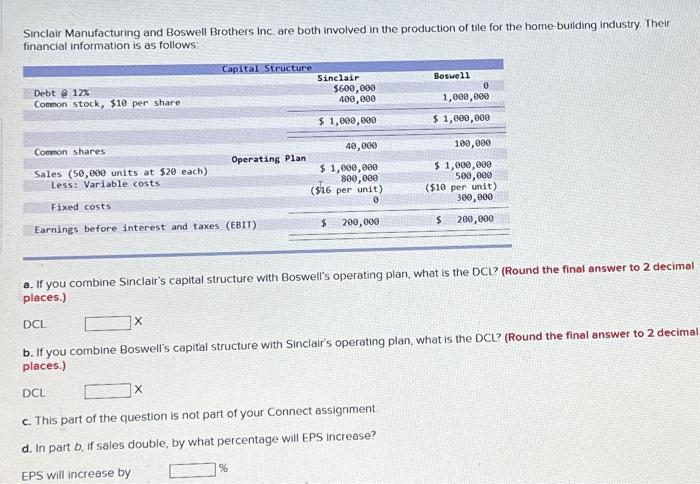 Solved Sinclair Manufacturing and Boswell Brothers inc are | Chegg.com
