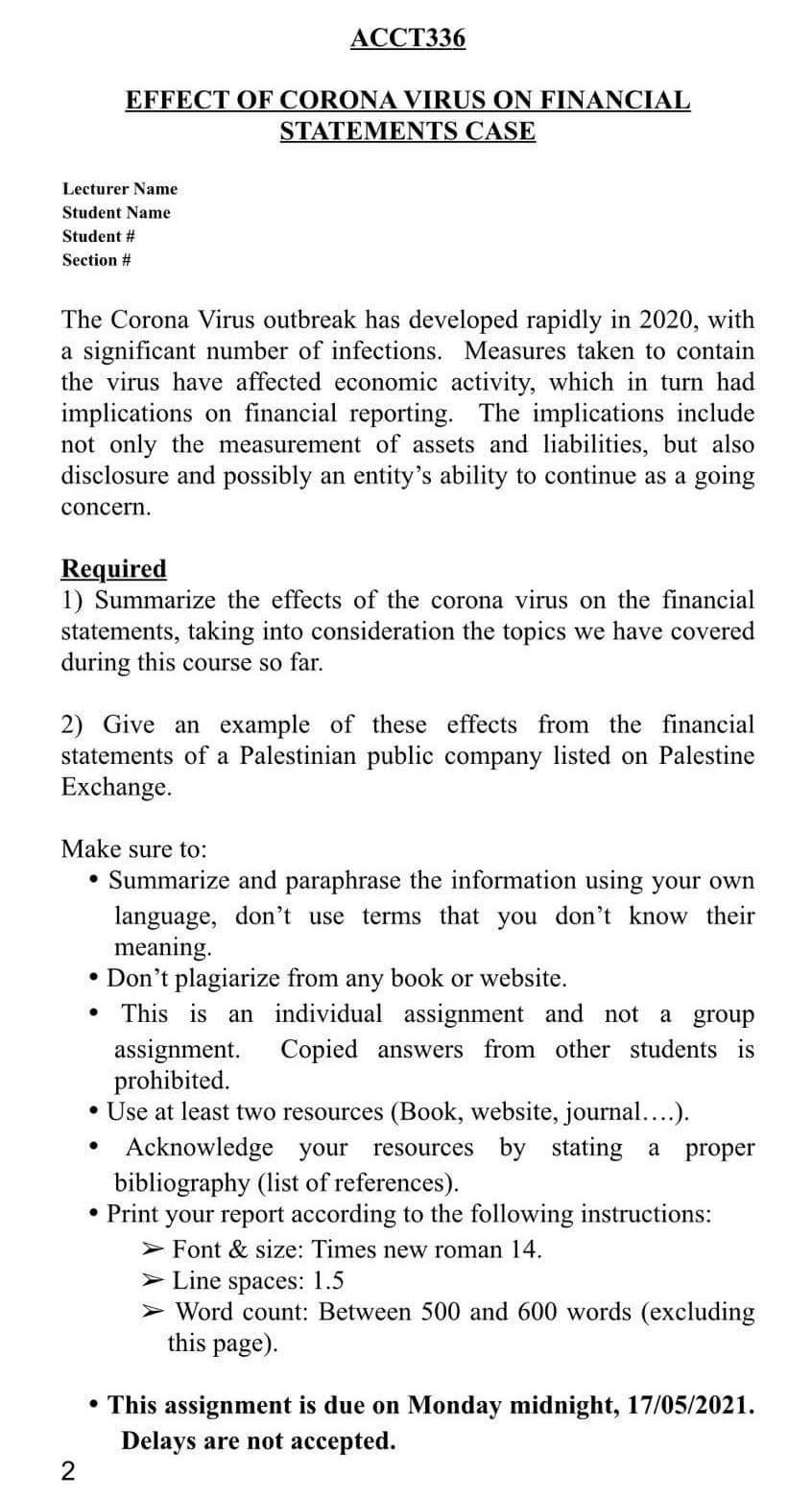 Solved ACCT336 EFFECT OF CORONA VIRUS ON FINANCIAL | Chegg.com