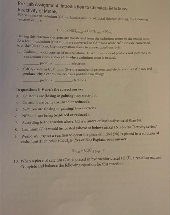 Solved Pre-Lab Assignment: Introduction to Chemical | Chegg.com