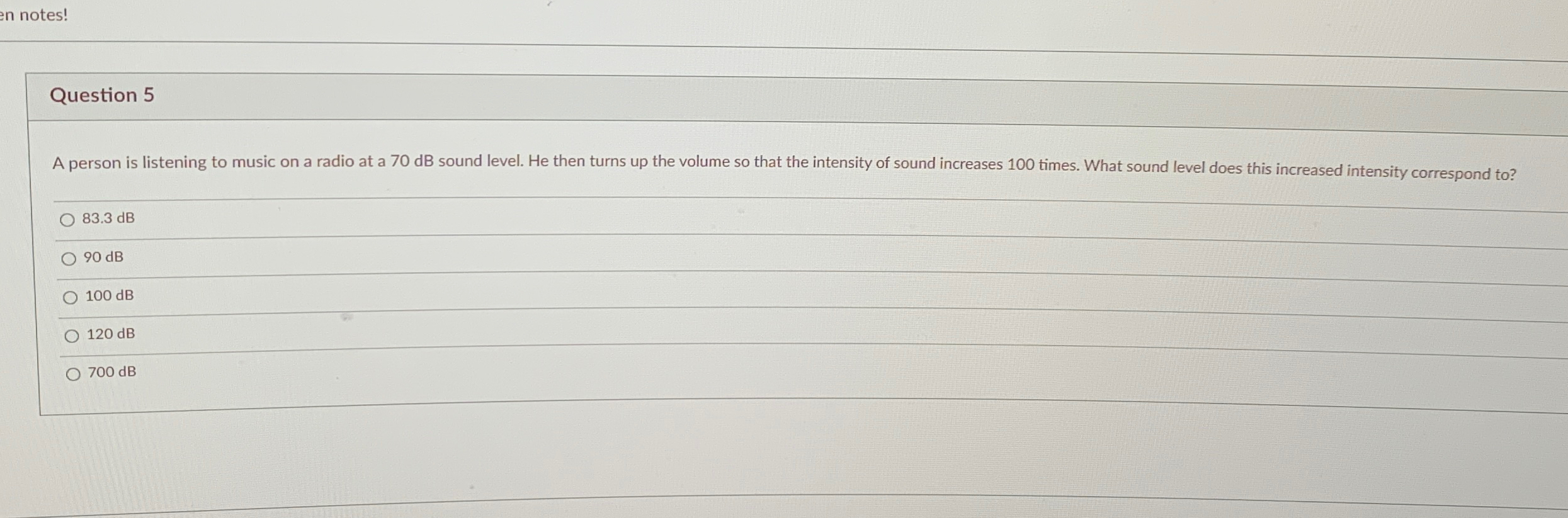 Solved 83.3dB90dB100dB120dB700dB | Chegg.com